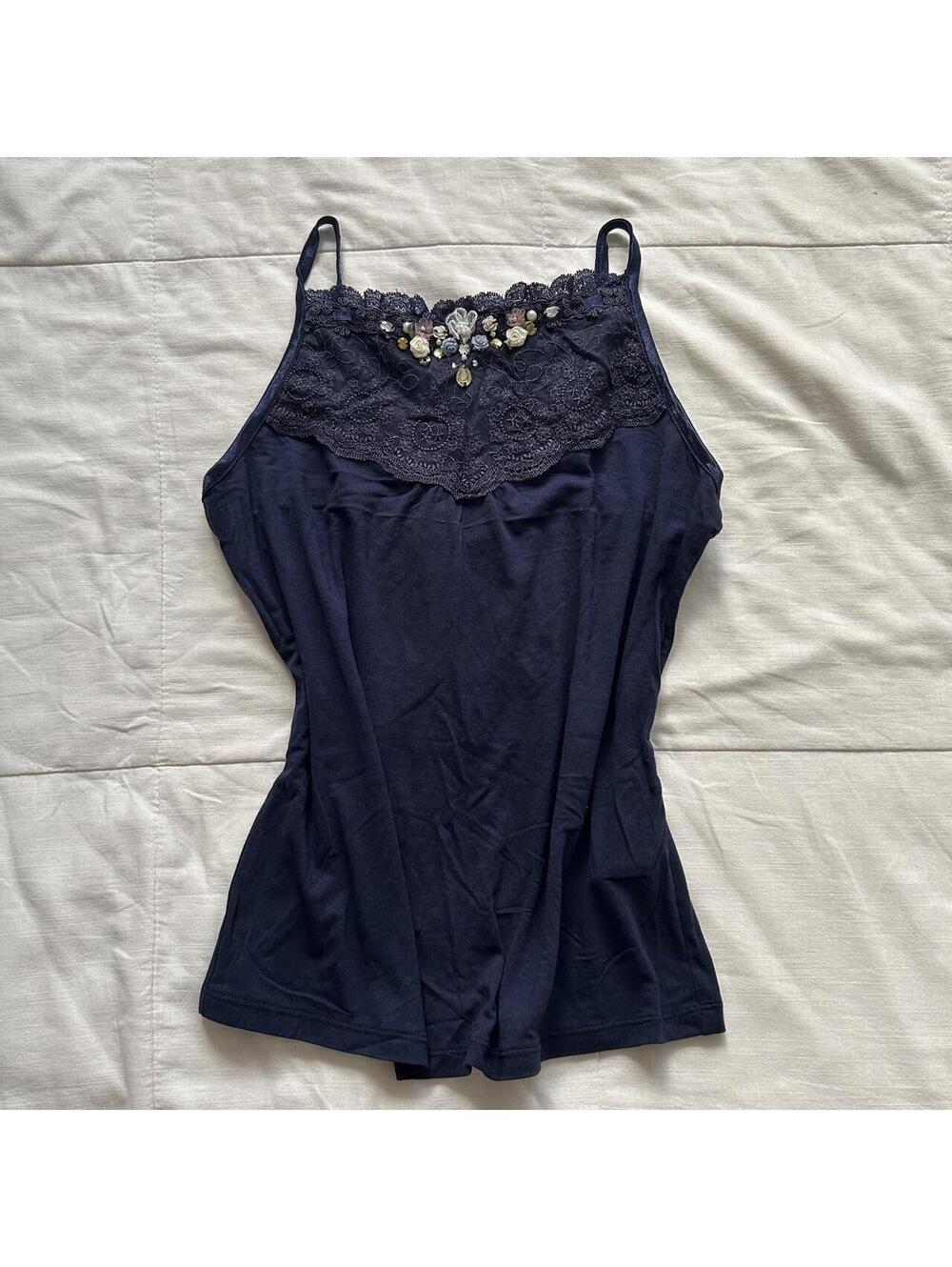Axes Femme Floral Lace Rosette Pearl Camisole Top Navy Blue Medium Japan